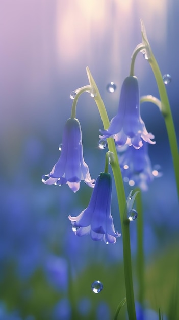 Blooming bluebell flowers with drops of water closeup background Floral wallpaper Ai generated