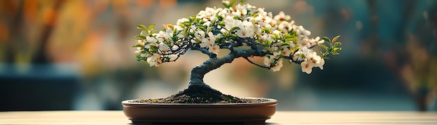 Blooming Bonsai Tree with White Flowers on Wooden Table Photo