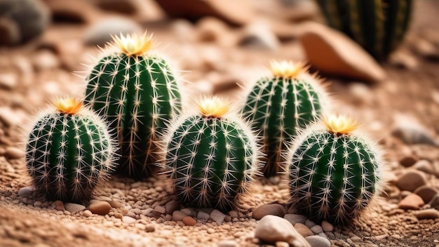 Blooming cactus Blossomed cacti with flowers and spikes growing in ground