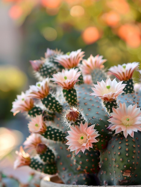 Photo blooming cactus with pink flowers in soft focus desert flora beauty