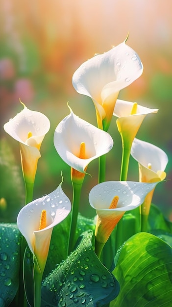 Blooming calla flowers with drops of water closeup background Spring wallpaper Ai generated