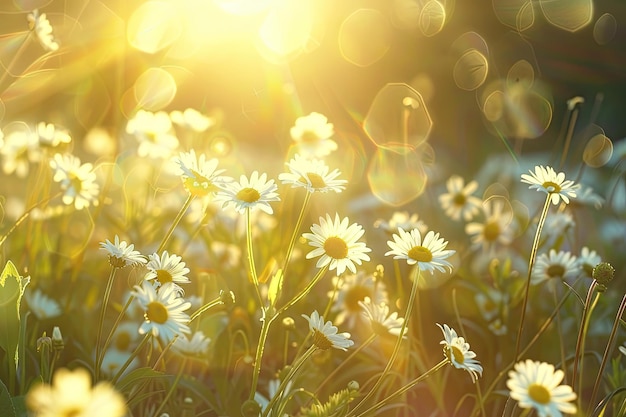 Blooming Chamomiles in Sun Flares Beautiful Nature Scene