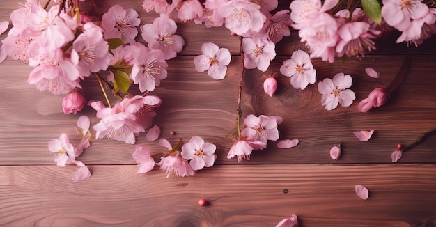 Blooming Cherry Blossoms on Pink Wooden Table for Greeting Card