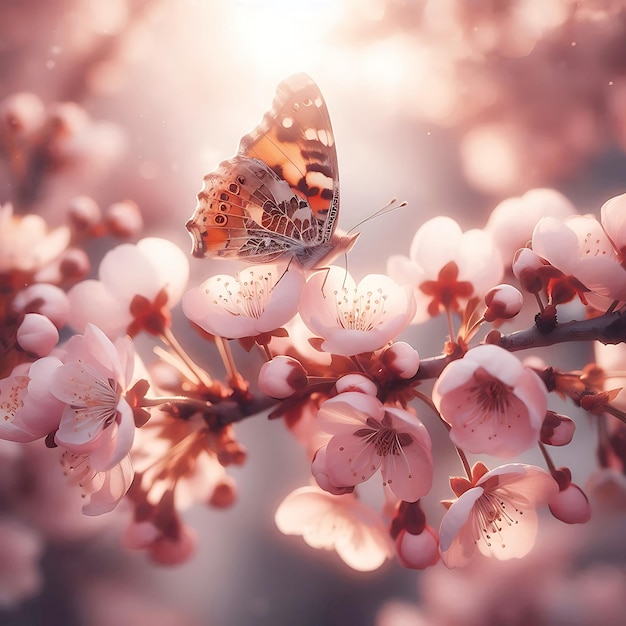 A blooming cherry branch a butterfly landing