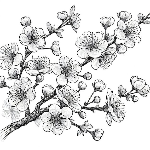 Photo blooming cherry branch sakura spring flowers isolated hand drawn sketch on white background