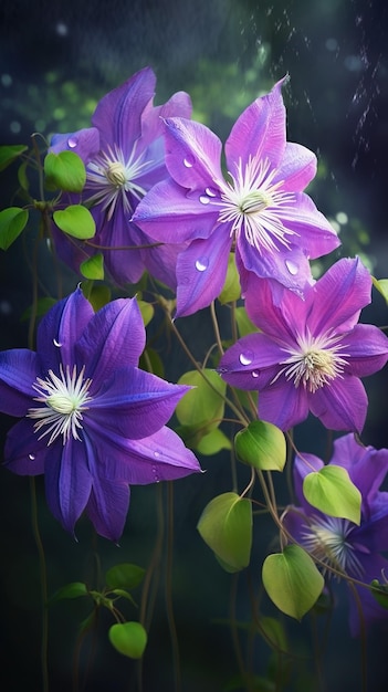 Blooming clematis flowers with drops of water closeup background Floral wallpaper Ai generated