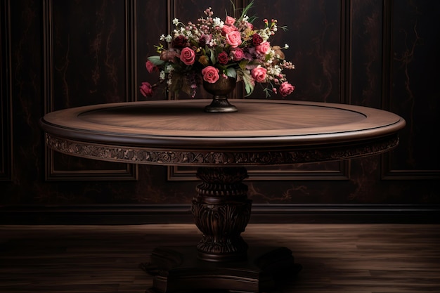 Blooming Elegance A Round Brown Table Adorned with Flowers