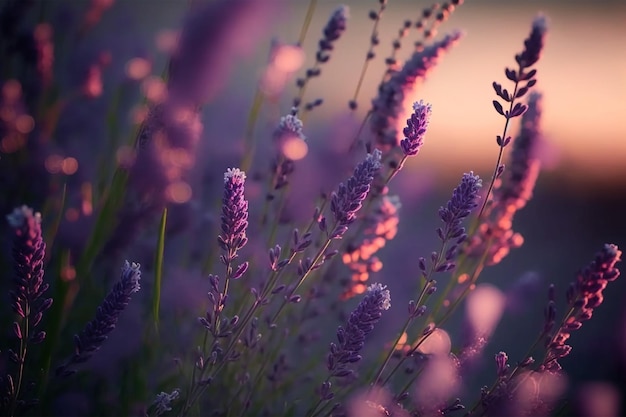 Blooming flagant lavender flower on a field,closeup violet background.