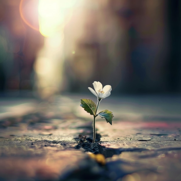 Blooming flower growing on crack street asphalt plant pavement sprout flower on crack asphalt