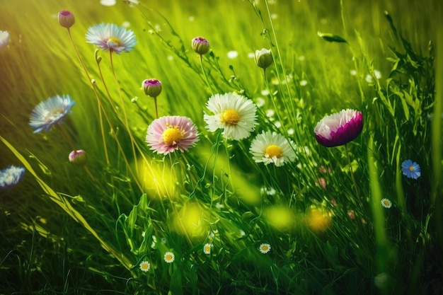 Blooming flowers in bright green grass of flower meadow in spring created with generative ai