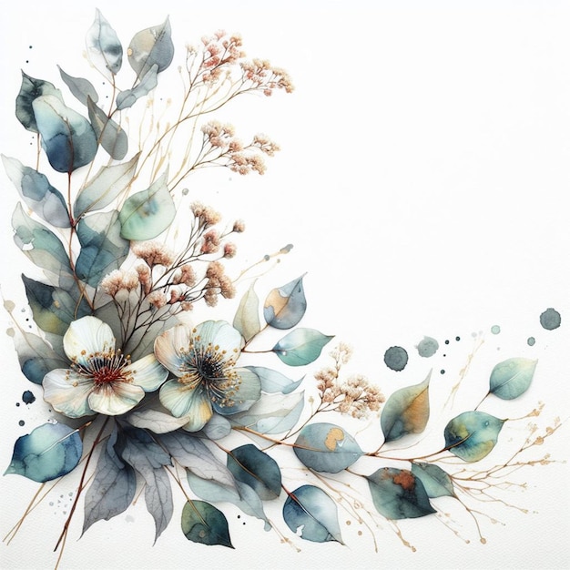 blooming flowers and pastel colored eucalyptus leaves in watercolor style on white background