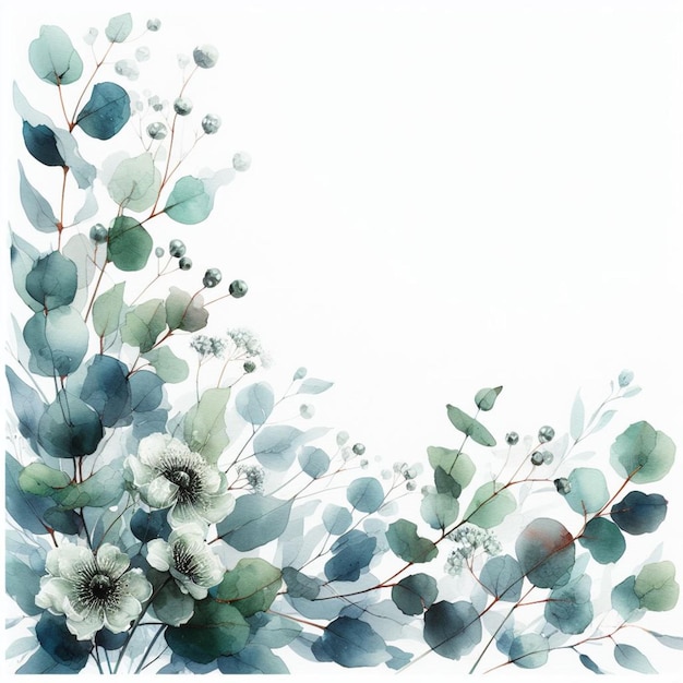 blooming flowers and pastel colored eucalyptus leaves in watercolor style on white background