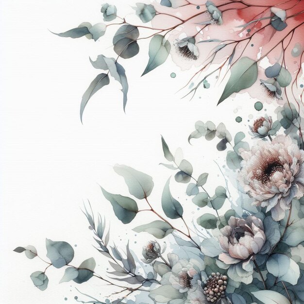 blooming flowers and pastel colored eucalyptus leaves in watercolor style on white background