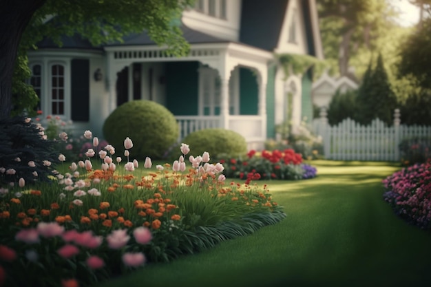 Blooming flowers on the porch house Generative AI