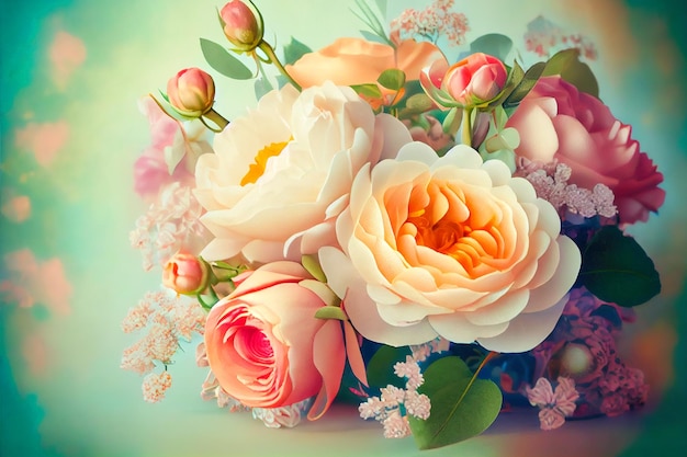 Blooming garden roses on a light background closeup illustration Generative AI