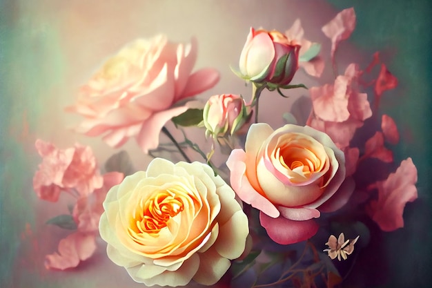 Blooming garden roses on a light background closeup illustration Generative AI