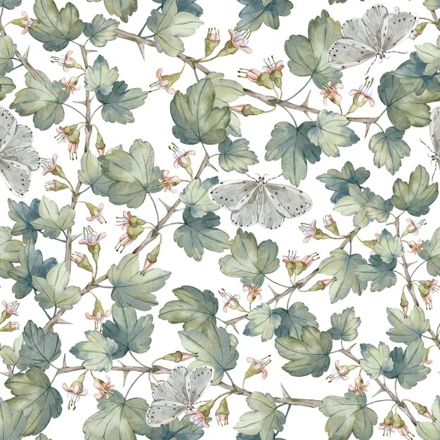 Photo blooming gooseberry branch flowers and butterfly seamless watercolor pattern on white background