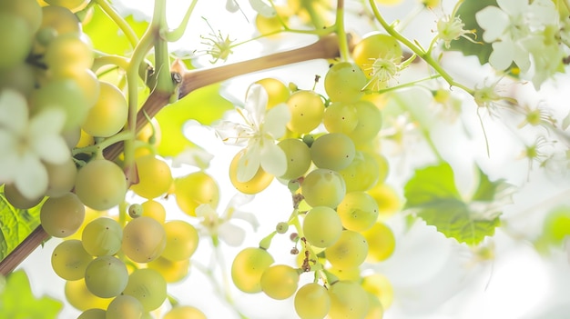 Blooming grapevine isolated on white green grape with flowers Generative AI