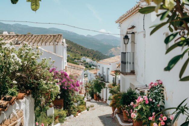 Photo blooming greek street with mountain views