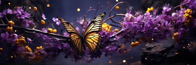 Blooming lavender spring flower flying butterfly