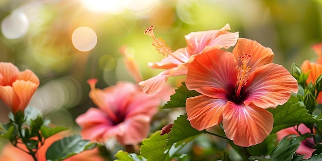 Blooming magenta hibiscus flowers on lush green bush in summer garden Concept Gardening Flowers Summer Nature Landscaping