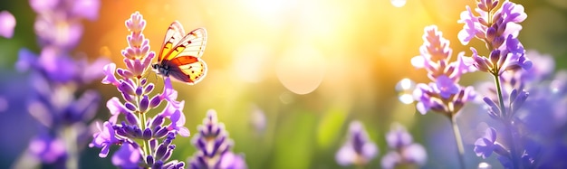 Blooming meadow on spring morning butterfly on a wildflower soft focus panoramic