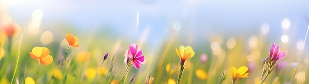 Blooming meadow on spring morning wild flowers soft focus panoramic