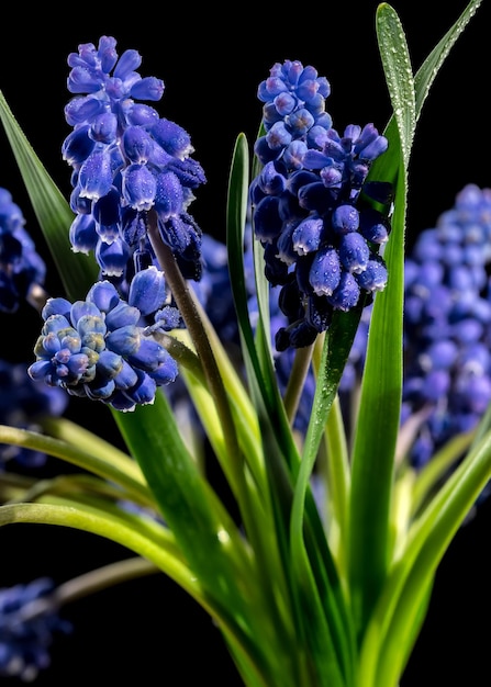 Blooming Muscari Alida flowers on a black background