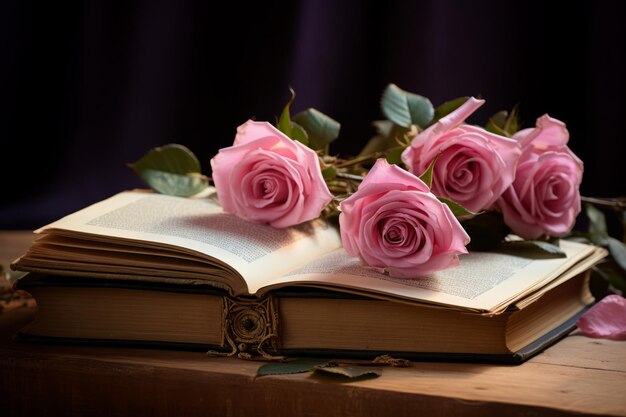 Blooming Pages A Harmony of Pink Roses and Books