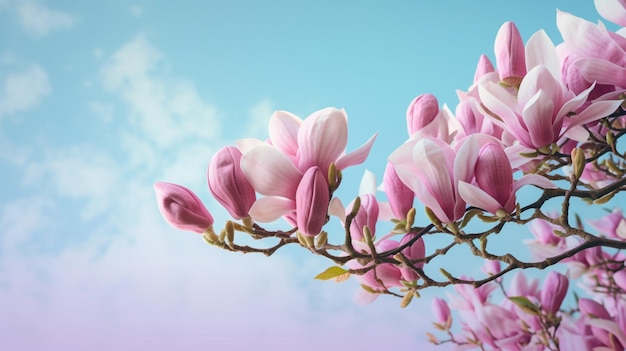 Blooming pink magnolia in the blue sky Spring Garden A beautiful flowering flowering tree beautiful blooming branch of magnolia in spring magnolia flower Spring flowering generative ai