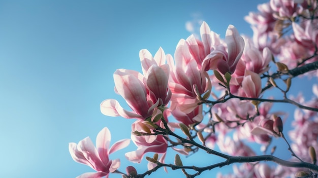 Blooming pink magnolia in the blue sky Spring Garden A beautiful flowering flowering tree beautiful blooming branch of magnolia in spring magnolia flower Spring flowering generative ai