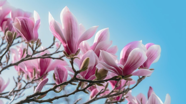 Blooming pink magnolia in the blue sky Spring Garden A beautiful flowering flowering tree beautiful blooming branch of magnolia in spring magnolia flower Spring flowering generative ai