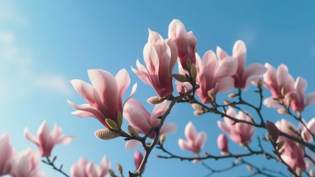 Blooming pink magnolia in the blue sky Spring Garden A beautiful flowering flowering tree beautiful blooming branch of magnolia in spring magnolia flower Spring flowering generative ai