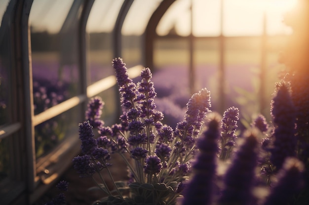 Blooming purple lavender in greenhouse morning sun illustration Generative AI