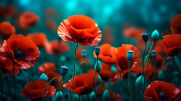 Blooming red poppies in field spring in nature