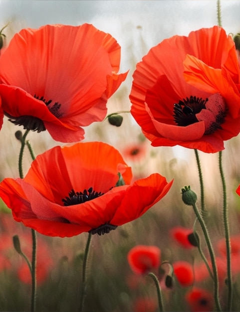 Blooming red poppies