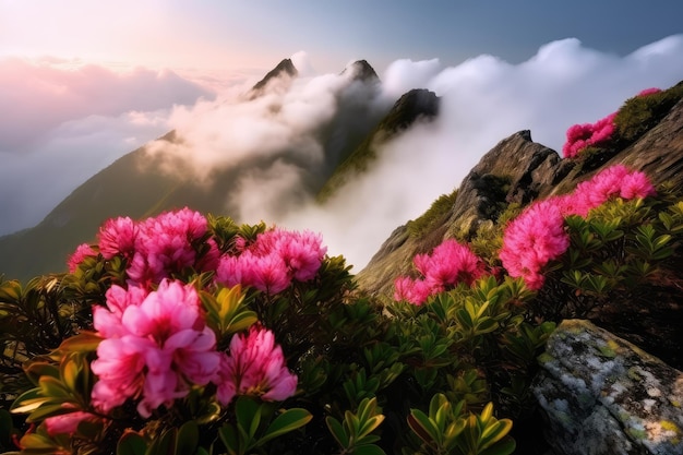 Blooming rhododendron in the mountains above the clouds AI