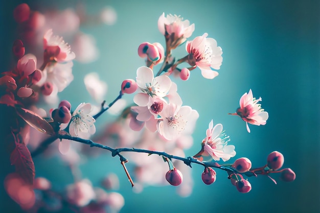 Blooming sakura branch against the blue sky Illustration Generative AI