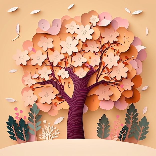 Blooming spring blossom tree background in paper cut style Generative AI