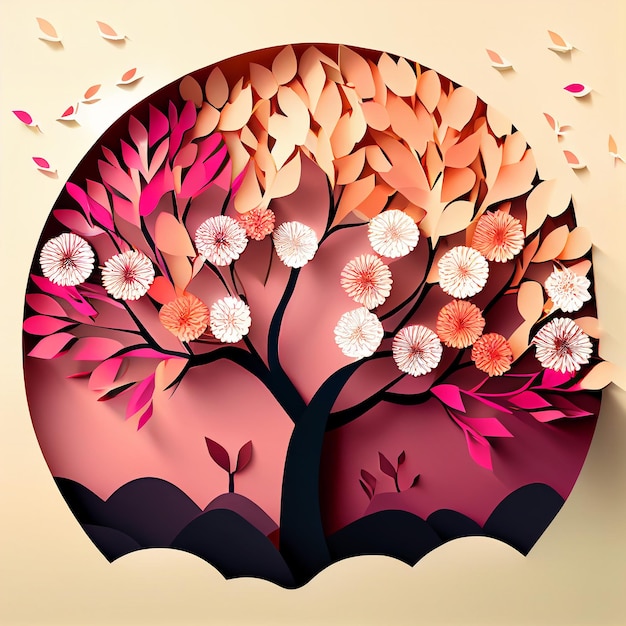 Blooming spring blossom tree background in paper cut style Generative AI