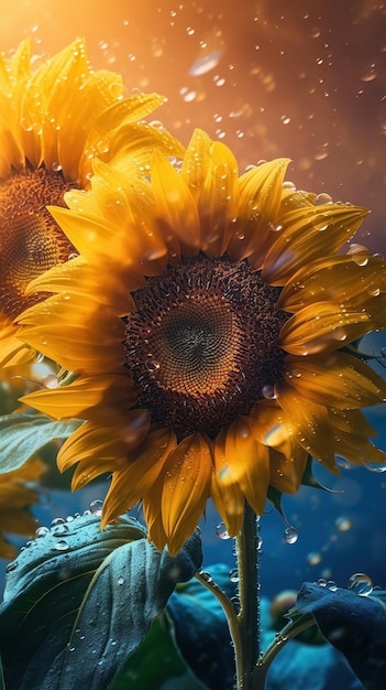 Blooming sunflowers with drops of water closeup background Ai generated