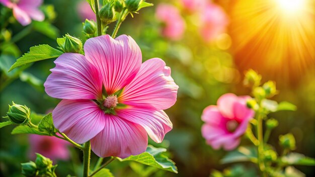 blooming sunlight medium shotpink flower A medium shot of a pink mallow flower blooming elegantly in a sunlit garden