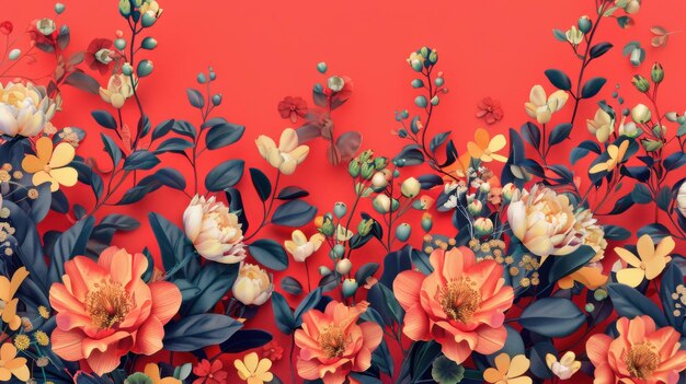 Blooming Symmetry in Pastel Light Beautiful Floral Patterns on Bold Red Background in Realistic Style