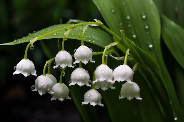 Blooming translucent white lilies of the valley with water drops