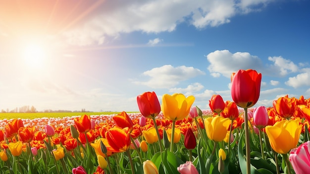 Blooming Tulips Field Panorama