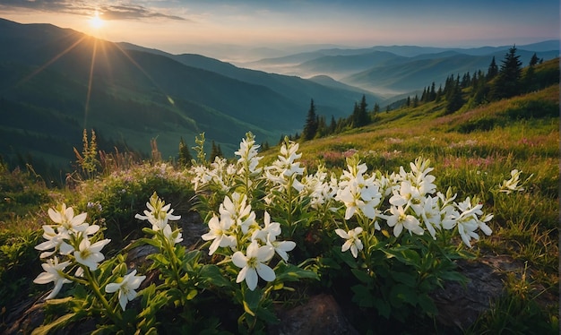 Blooming white flowers in Carpathians Foggy summer scene of mountain valley Colorful morning view