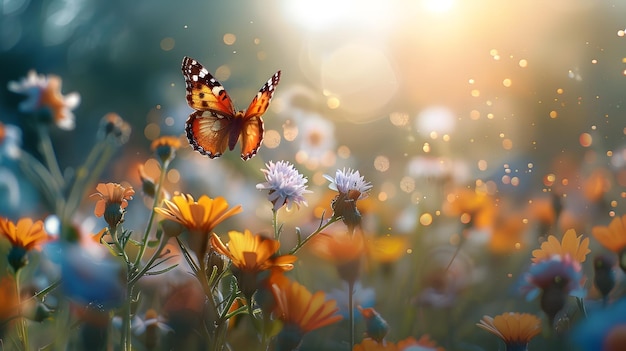 Blooming Wildflower Meadow with Butterfly in Flight