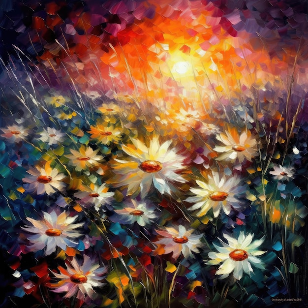 Blooming Wildflowers in Misty Sun Realistic Oil Painting for Wall Art Generative AI