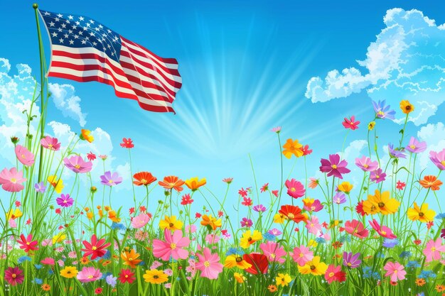 Blooming Wildflowers with American Flag