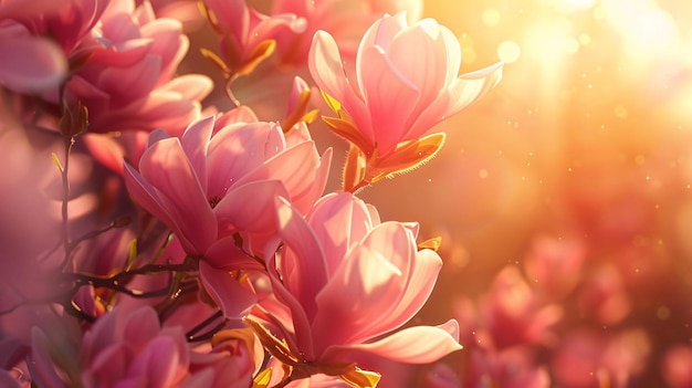 Photo blossoming bouquet of peach blossoms with sunlight rays in the background